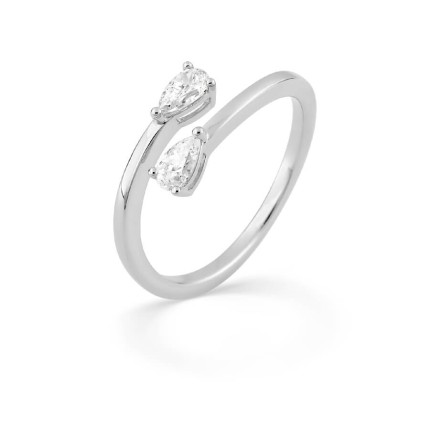 Anillo Toi & Moi de plata de ley rodiada con circonitas blancas en forma de pera