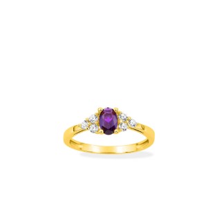 Anel solitario acompanhado plaqueado a ouro com zircónias brancas e violeta de 6 x 4 mm