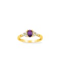 Anillo solitario bañado en oro con circonitas blancas y violeta de 6 x 4 mm