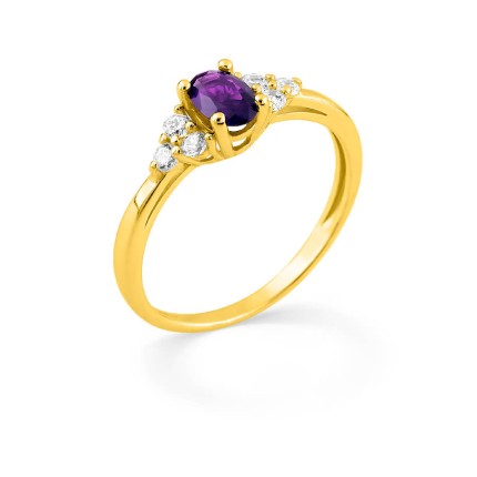 Anel solitario acompanhado plaqueado a ouro com zircónias brancas e violeta de 6 x 4 mm