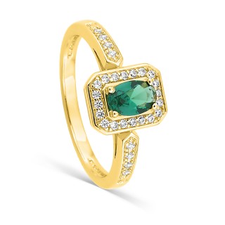 Anillo solitario bañado en oro con circonitas blancas y verdes 6 x 4 mm