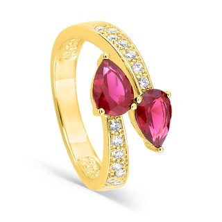 Anillo Toi & Moi bañado en oro con circonitas blancas y rojas en forma de pera