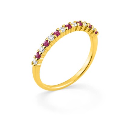 Anillo bañado en oro con pavé de circonitas redondas rojas y blancas