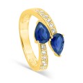 Anillo Toi & Moi bañado en oro con circonitas blancas y azules en forma de pera
