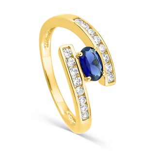 Anel plaqueado a ouro com zircónias brancas e azul 6 x 4 mm