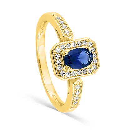 Anillo solitario bañado en oro con circonitas blancas y azules 6 x 4 mm