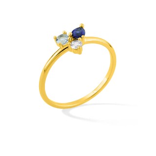 Anillo trilogía bañado en oro con circonitas azul, azul cielo y blanco