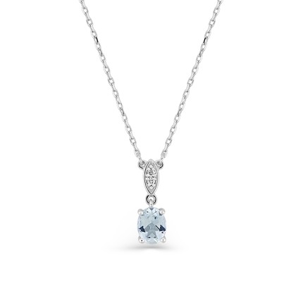 Colar em ouro branco 9k  com uma água-marinha e diamantes de 0,01 ct