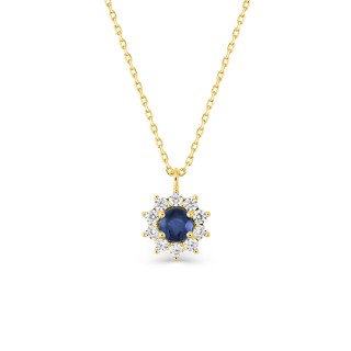 Collar de oro amarillo de 9K con zafiro y circonitas en forma de sol