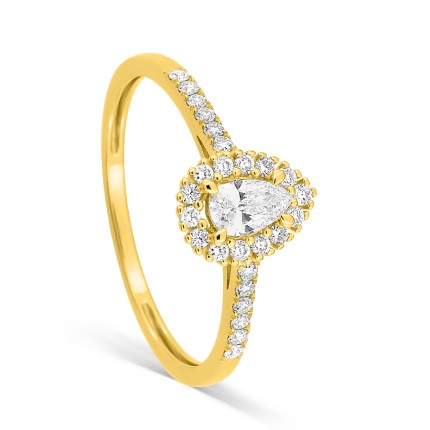 Anel com diamante sintético em formato de pera de 0,38 ct e engaste em ouro amarelo 9k