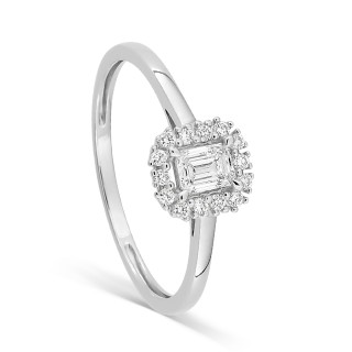 Anel solitário com corte esmeralda e aro de diamantes sintéticos, 0,36 ct, ouro branco 9k