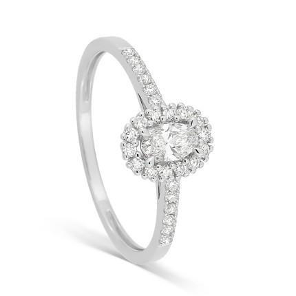 Anel com diamante sintético, diamante oval central de 0,38 ct, engaste em ouro branco 9k