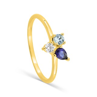Anillo trilogía bañado en oro con circonitas azul, azul cielo y blanco