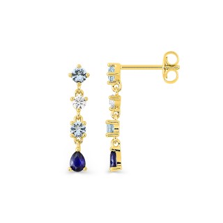 Brincos pendentes banhados a ouro adornados com 4 zircónias cravejados em garras em tons de azul