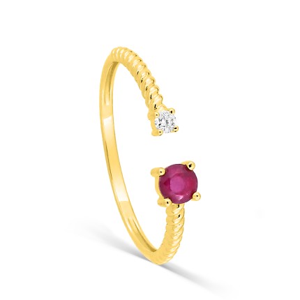 Anillo semiabierto trenzado en oro amarillo de 9K con rubí y diamante de 0,03 ct GH-P