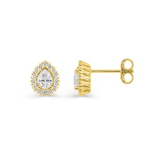 Brincos de pino em ouro amarelo 9K com diamantes criados em formato de pera de 0,44 ct e cravação em halo