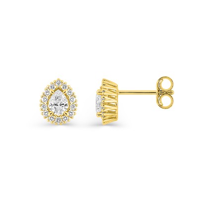 Brincos de pino em ouro amarelo 9K com diamantes criados em formato de pera de 0,44 ct e cravação em halo