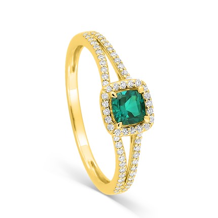 Anel com esmeralda criada lapidada em almofada e diamante criado, 0,20 ct, ouro amarelo 9K