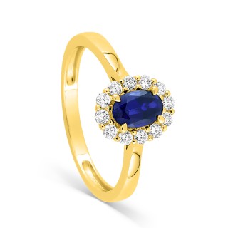 Anillo de zafiro creado ovalado y diamante creado, 0,23 ct, oro amarillo 9K
