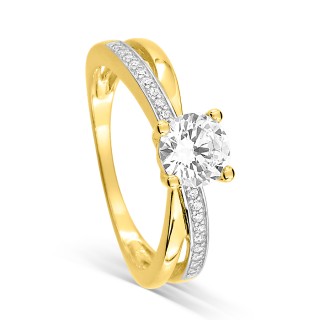 Anillo solitario de oro bicolor 9 KT tiras y circonita
