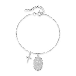 Pulseira em prata 925 rodiada com corrente forçat, cruz e pingente religioso
