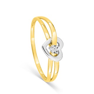 Anillo solitario bicolor de oro 18K, diamante engastado de 0,01 ct, motivo de corazón