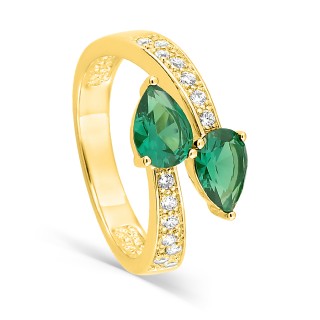 Anel Tu & Eu plaqueado a ouro com zircónias brancas e verde em forma de pera