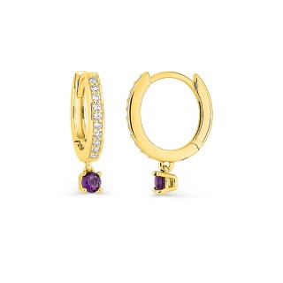 Pendientes de aros 12 mm bañados en oro con circonita violeta redonda