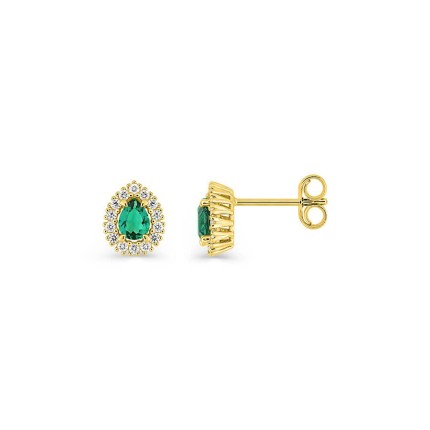 Brincos de pino em formato de pera com esmeralda criada e diamantes criados de 0,14 ct em ouro amarelo 9K