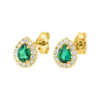 Brincos de pino em formato de pera com esmeralda criada e diamantes criados de 0,14 ct em ouro amarelo 9K
