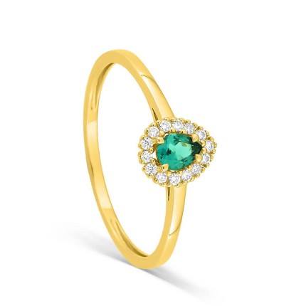 Anel com esmeralda criada em formato de pera e diamante criado, 0,07 ct, ouro amarelo 9K