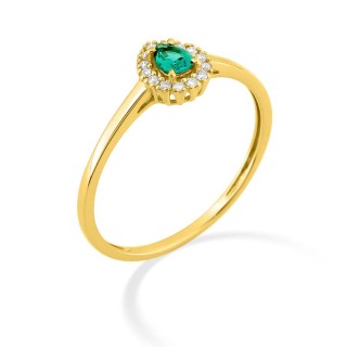 Anel com esmeralda criada em formato de pera e diamante criado, 0,07 ct, ouro amarelo 9K