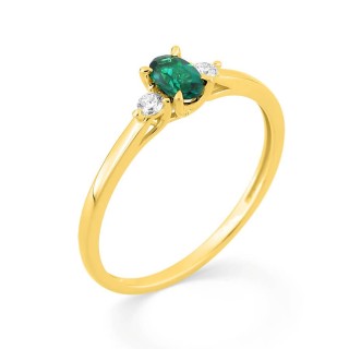 Anillo ovalado de esmeralda sintética y diamante sintético, 0,06 ct, oro amarillo de 9K