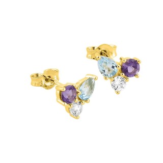 Brincos de pino em ouro amarelo 9K com topázio azul tratado, iolita e zircónia