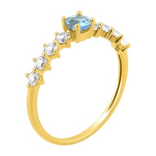 Anel em ouro amarelo 9K com topázio azul redondo e zircónias brancas redondas