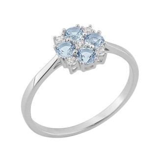 Anillo de plata de ley 925 rodiada con circonitas redondas de color azul cielo y blanco