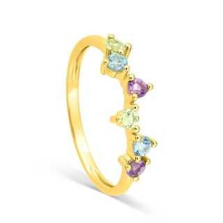 Anillo de oro amarillo de 9K adornado con dos topacios azules, dos amatistas y dos peridotos, engastados con tres garras
