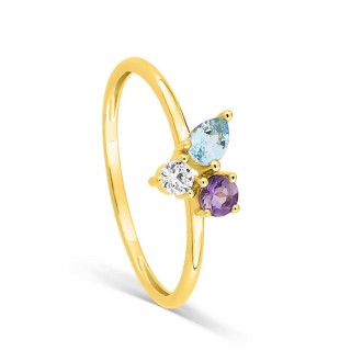 Anillo de oro amarillo de 9K con topacio azul en forma de pera, iolita y circonita redonda