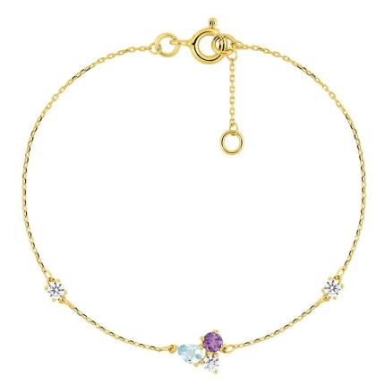 Pulseira em ouro amarelo 9K com um trio de pedras, incluindo iolita, topázio azul tratado e zircónia