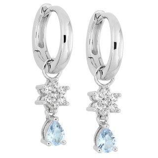 Pendientes de aro de plata de ley 925 rodiada con circonitas azul cielo redondas y en forma de pera