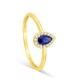 Anillo bañado en oro con circonita blanca, incluyendo una piedra azul en forma de pera de 5x3 mm