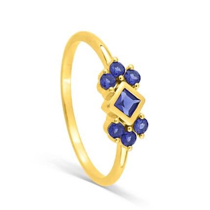 Anillo bañado en oro con 7 piedras de circonita azul