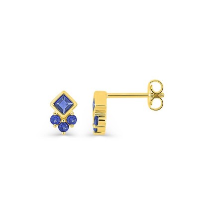 Pendientes de botón bañados en oro con circonitas estilo princesa y piedras redondas azules