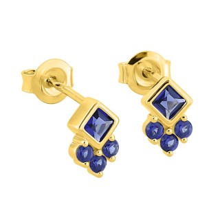 Brincos de pino banhados a ouro com zircónias em formato princesa e pedras redondas azuis