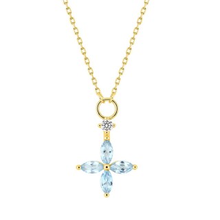 Colar em ouro amarelo 9K adornado com uma zircónia central e quatro flores de topázio azul