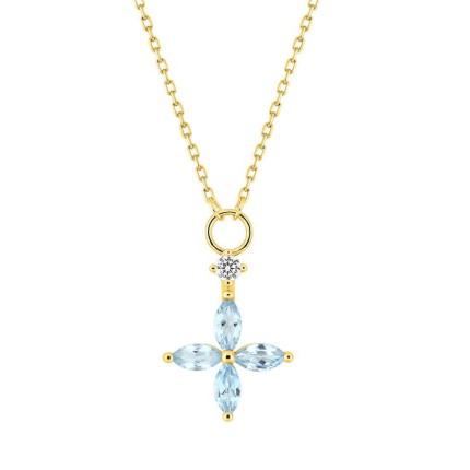 Colar em ouro amarelo 9K adornado com uma zircónia central e quatro flores de topázio azul