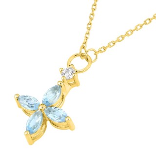 Collar de oro amarillo de 9K adornado con una circonita central y cuatro flores de topacio azul