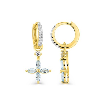 Brincos de argola em ouro amarelo 9K e ródio, adornados com zircónias e quatro flores de topázio azul