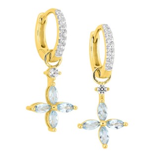 Brincos de argola em ouro amarelo 9K e ródio, adornados com zircónias e quatro flores de topázio azul