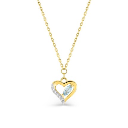 Collar de oro amarillo de 9K y rodio con colgante en forma de corazón adornado con topacio azul tratado y circonita